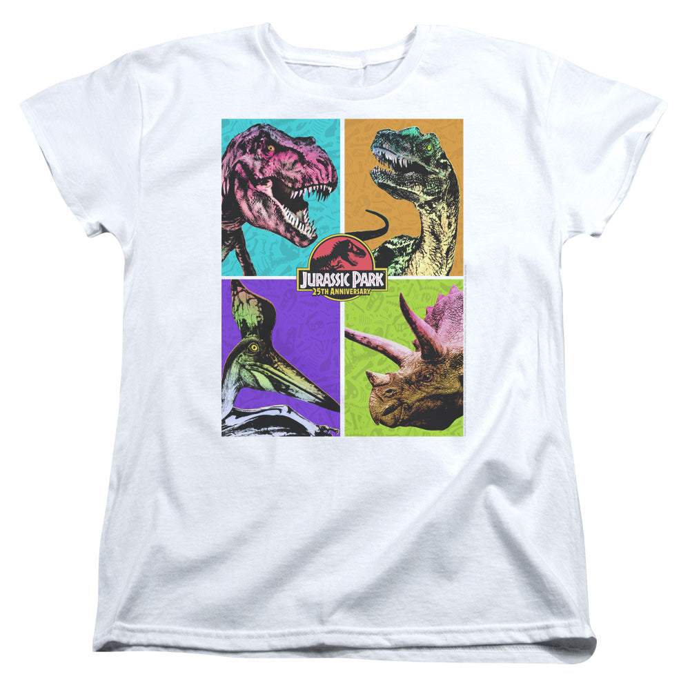 AN OFFCIALLY LICENSED JURASSIC PARK PREHISTORIC BLOCK WOMEN'S REGULAR FIT T-SHIRT WHITE