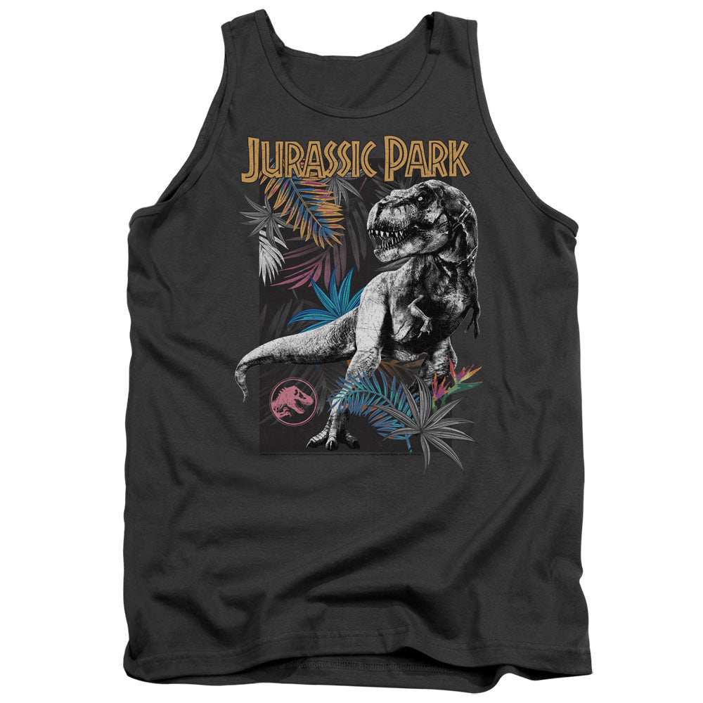 AN OFFCIALLY LICENSED JURASSIC PARK FOLIAGE ADULT UNISEX TANK TOP CHARCOAL