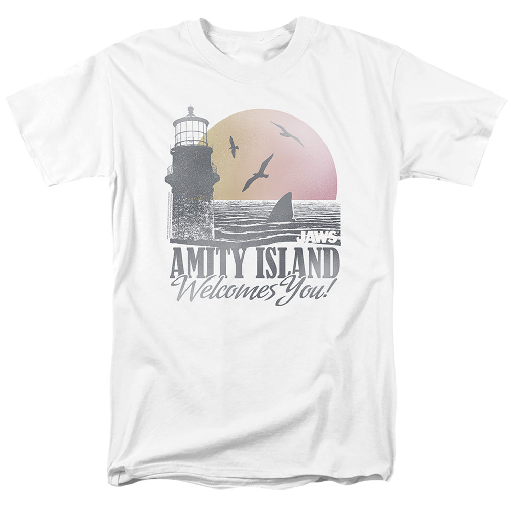 AN OFFCIALLY LICENSED JAWS AMITY ISLAND WELCOMES YOU! MEN'S REGULAR FIT T-SHIRT WHITE