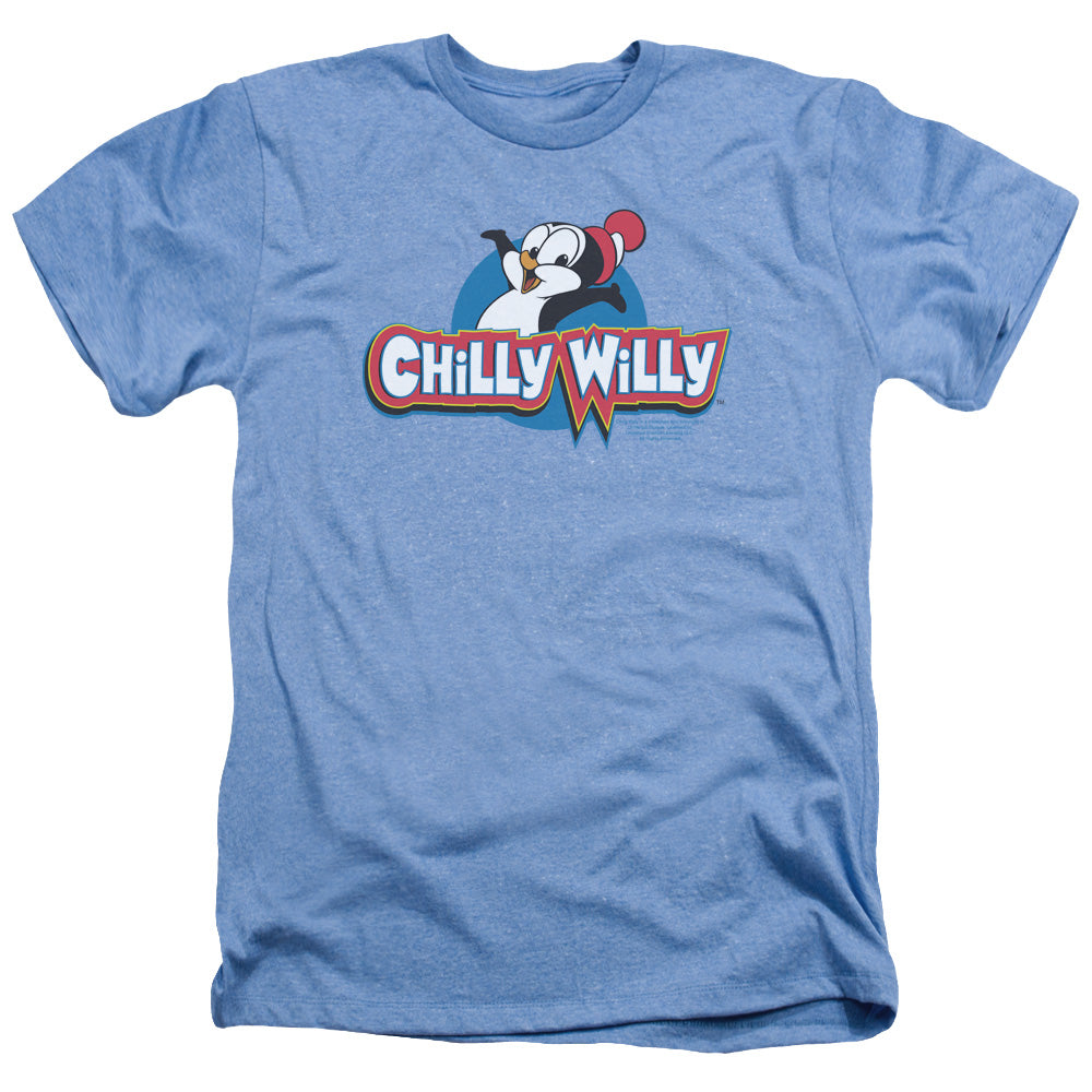 AN OFFCIALLY LICENSED CHILLY WILLY LOGO MEN'S HEATHER T-SHIRT LIGHT BLUE
