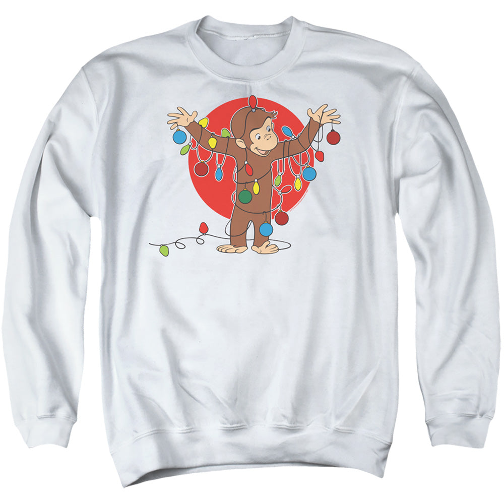 AN OFFCIALLY LICENSED CURIOUS GEORGE LIGHTS ADULT UNISEX CREWNECK SWEATSHIRT WHITE