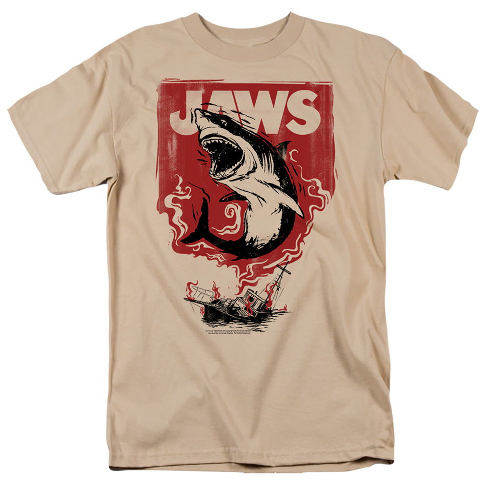 AN OFFCIALLY LICENSED JAWS OCEAN TERROR MEN'S REGULAR FIT T-SHIRT SAND