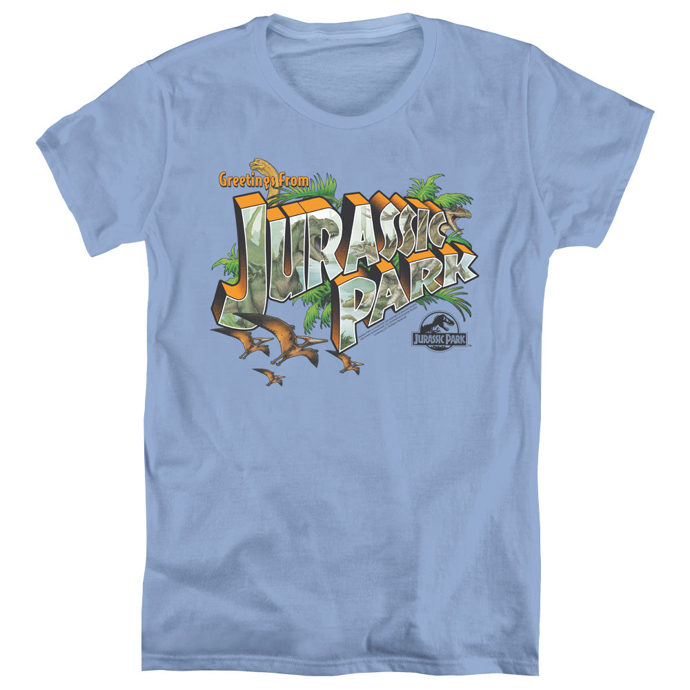 AN OFFCIALLY LICENSED JURASSIC PARK GREETINGS FROM JP WOMEN'S REGULAR FIT T-SHIRT CAROLINA BLUE