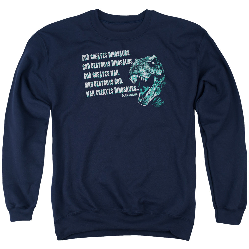 AN OFFCIALLY LICENSED JURASSIC PARK GOD CREATES DINOSAURS ADULT UNISEX CREWNECK SWEATSHIRT NAVY
