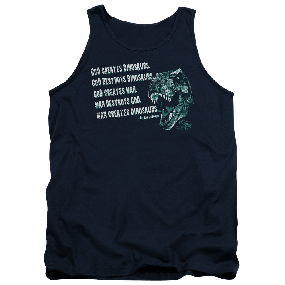 AN OFFCIALLY LICENSED JURASSIC PARK GOD CREATES DINOSAURS ADULT UNISEX TANK TOP NAVY