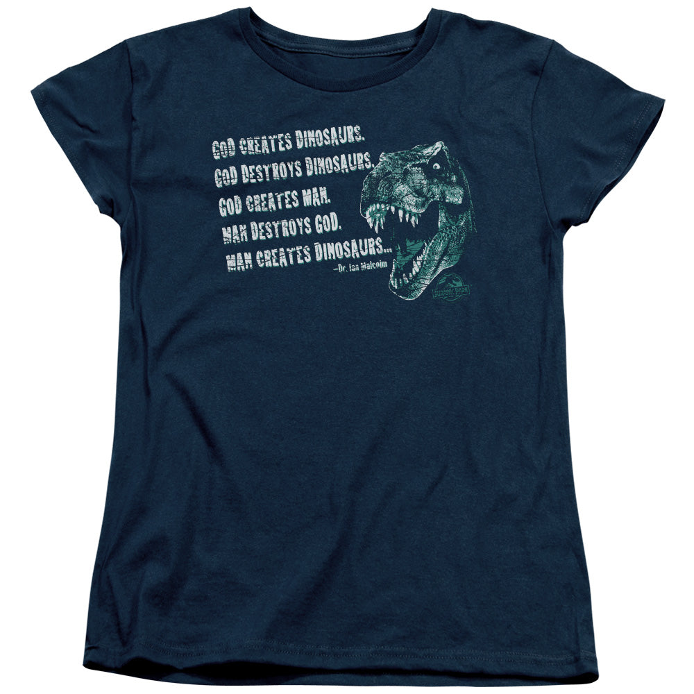 AN OFFCIALLY LICENSED JURASSIC PARK GOD CREATES DINOSAURS WOMEN'S REGULAR FIT T-SHIRT NAVY