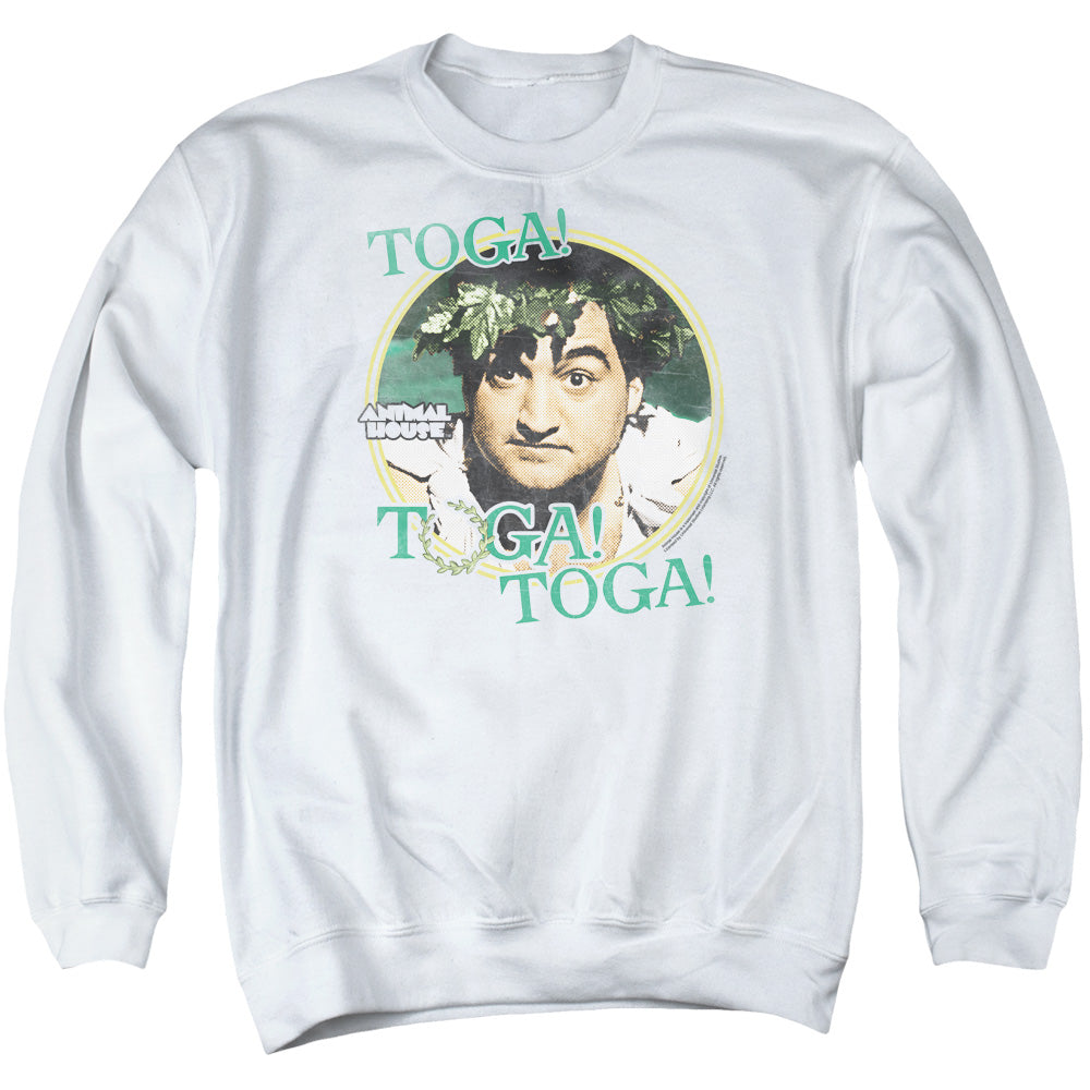 AN OFFCIALLY LICENSED ANIMAL HOUSE TOGA ADULT UNISEX CREWNECK SWEATSHIRT WHITE