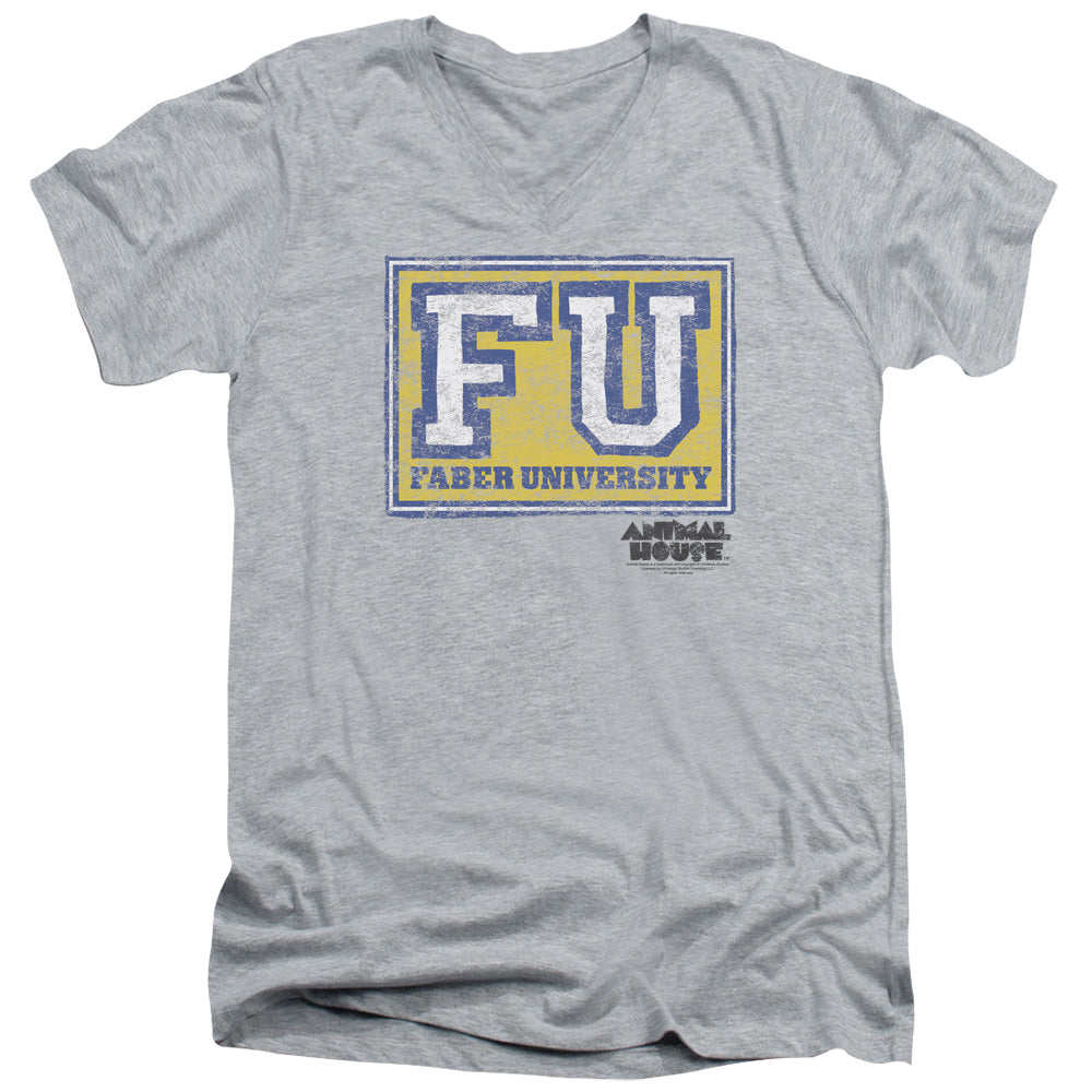 AN OFFCIALLY LICENSED ANIMAL HOUSE FABER UNIVERSITY MEN'S V-NECK T-SHIRT ATHLETIC HEATHER