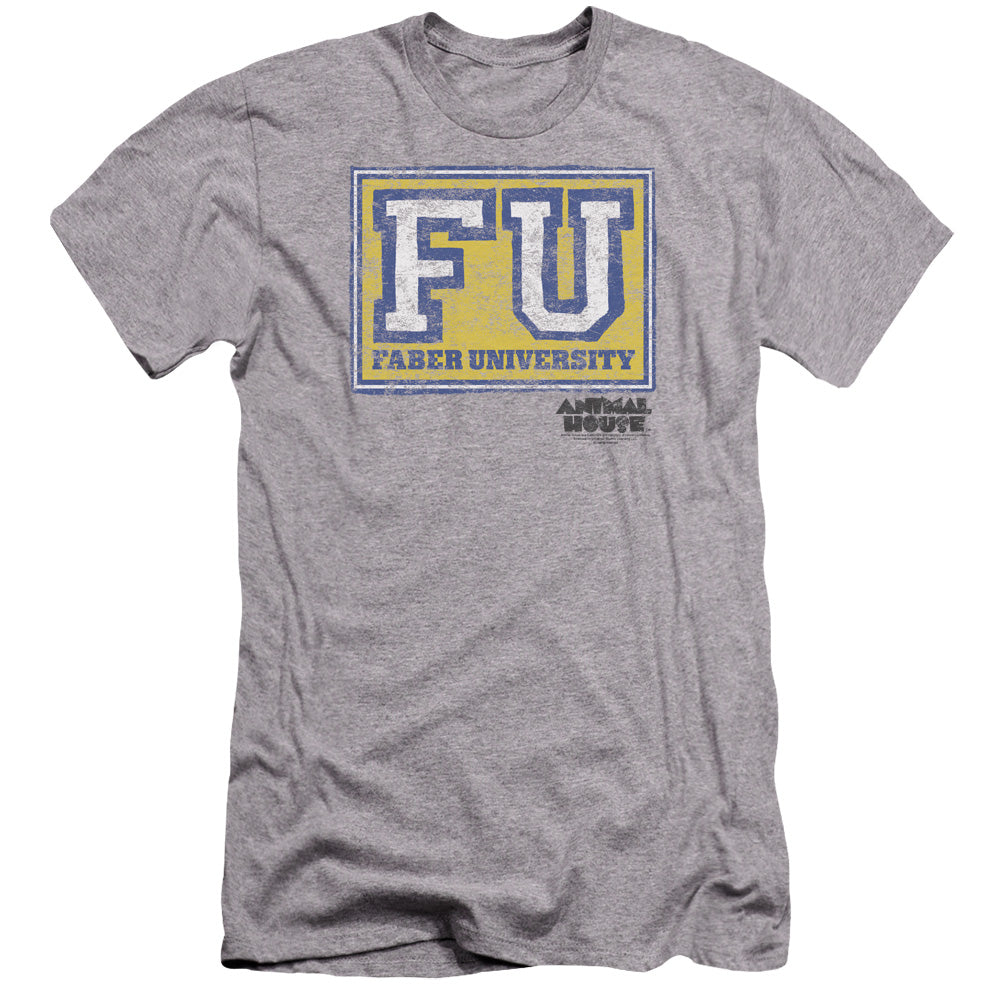 AN OFFCIALLY LICENSED ANIMAL HOUSE FABER UNIVERSITY MEN'S PREMIUM SLIM FIT T-SHIRT ATHLETIC HEATHER