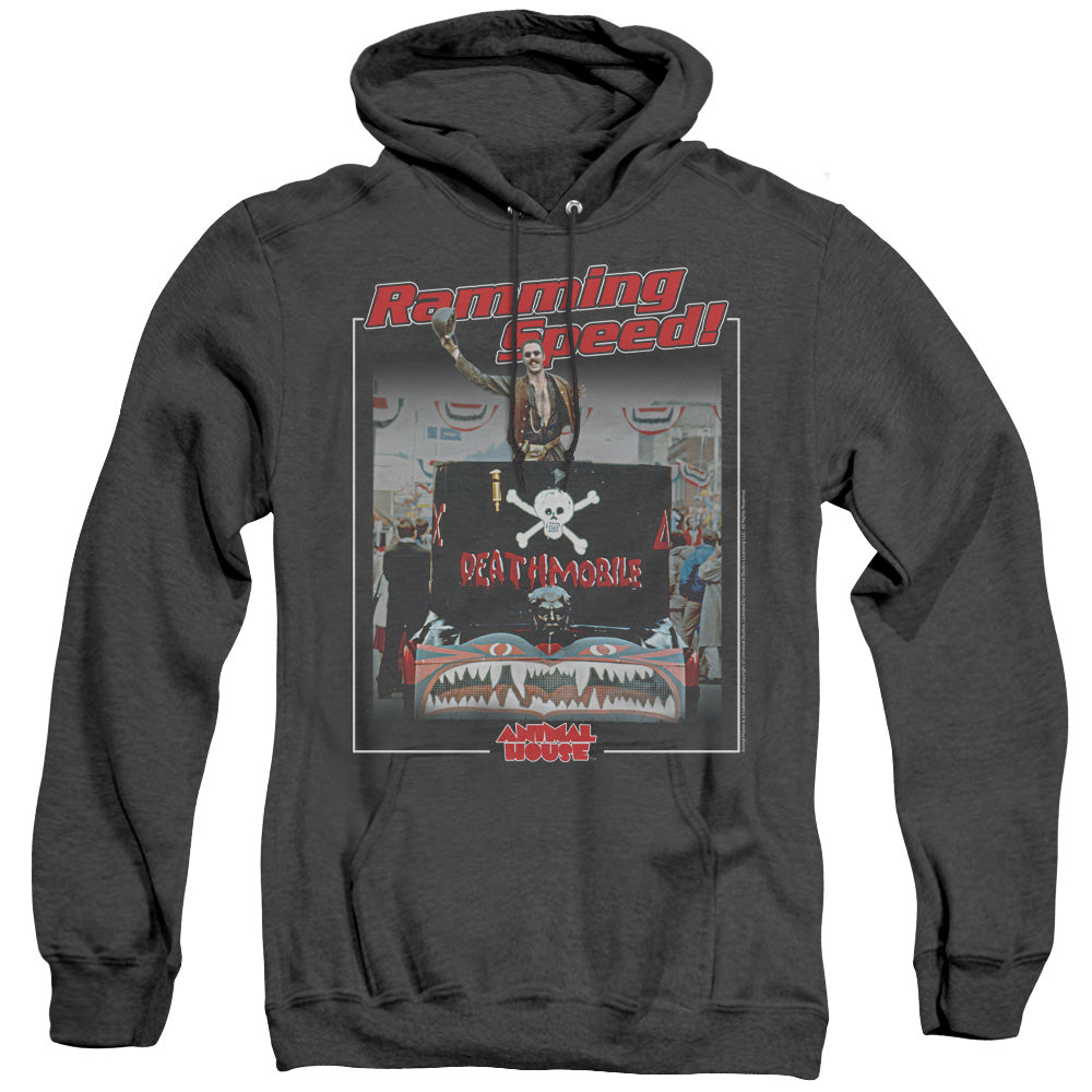 AN OFFCIALLY LICENSED ANIMAL HOUSE RAMMING SPEED ADULT UNISEX HEATHER PULLOVER HOODIE BLACK