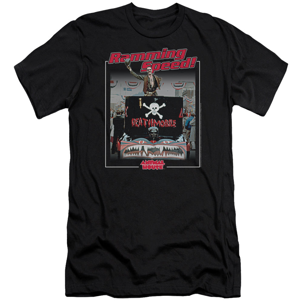 AN OFFCIALLY LICENSED ANIMAL HOUSE RAMMING SPEED MEN'S PREMIUM SLIM FIT T-SHIRT BLACK