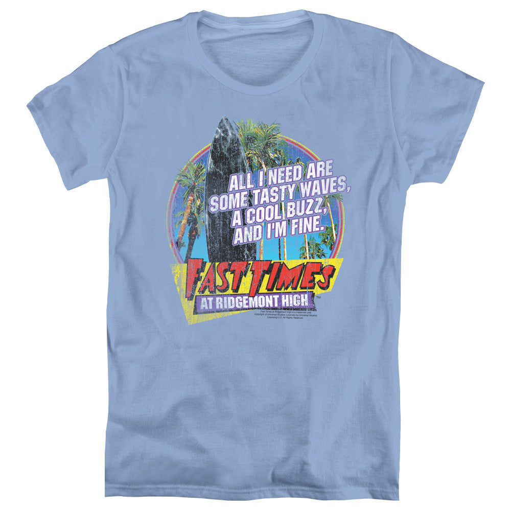 AN OFFCIALLY LICENSED FAST TIMES RIDGEMONT HIGH TASTY WAVES WOMEN'S REGULAR FIT T-SHIRT CAROLINA BLUE