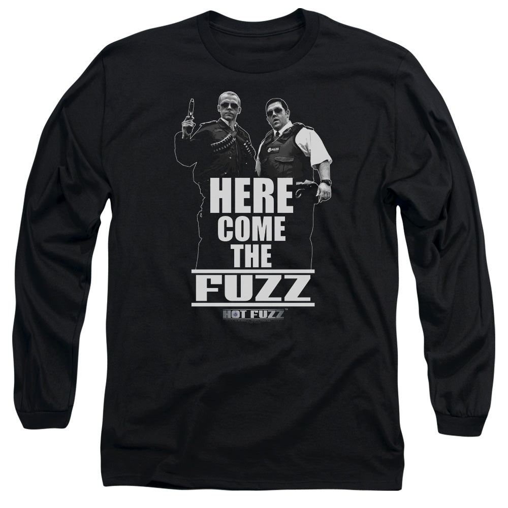AN OFFCIALLY LICENSED HOT FUZZ HERE COME THE FUZZ MEN'S LONG SLEEVE T-SHIRT BLACK