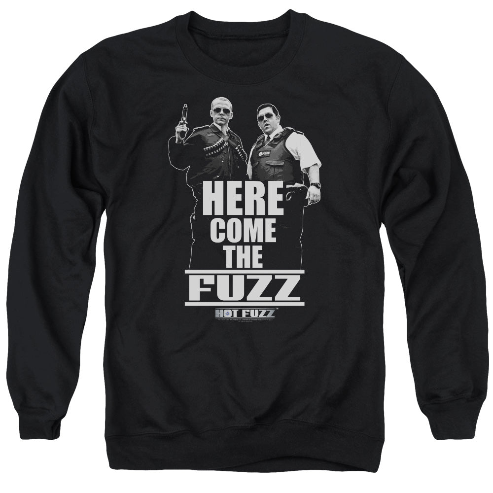 AN OFFCIALLY LICENSED HOT FUZZ HERE COME THE FUZZ ADULT UNISEX CREWNECK SWEATSHIRT BLACK
