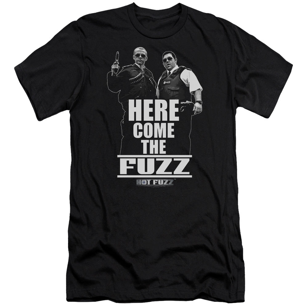 AN OFFCIALLY LICENSED HOT FUZZ HERE COME THE FUZZ MEN'S PREMIUM SLIM FIT T-SHIRT BLACK