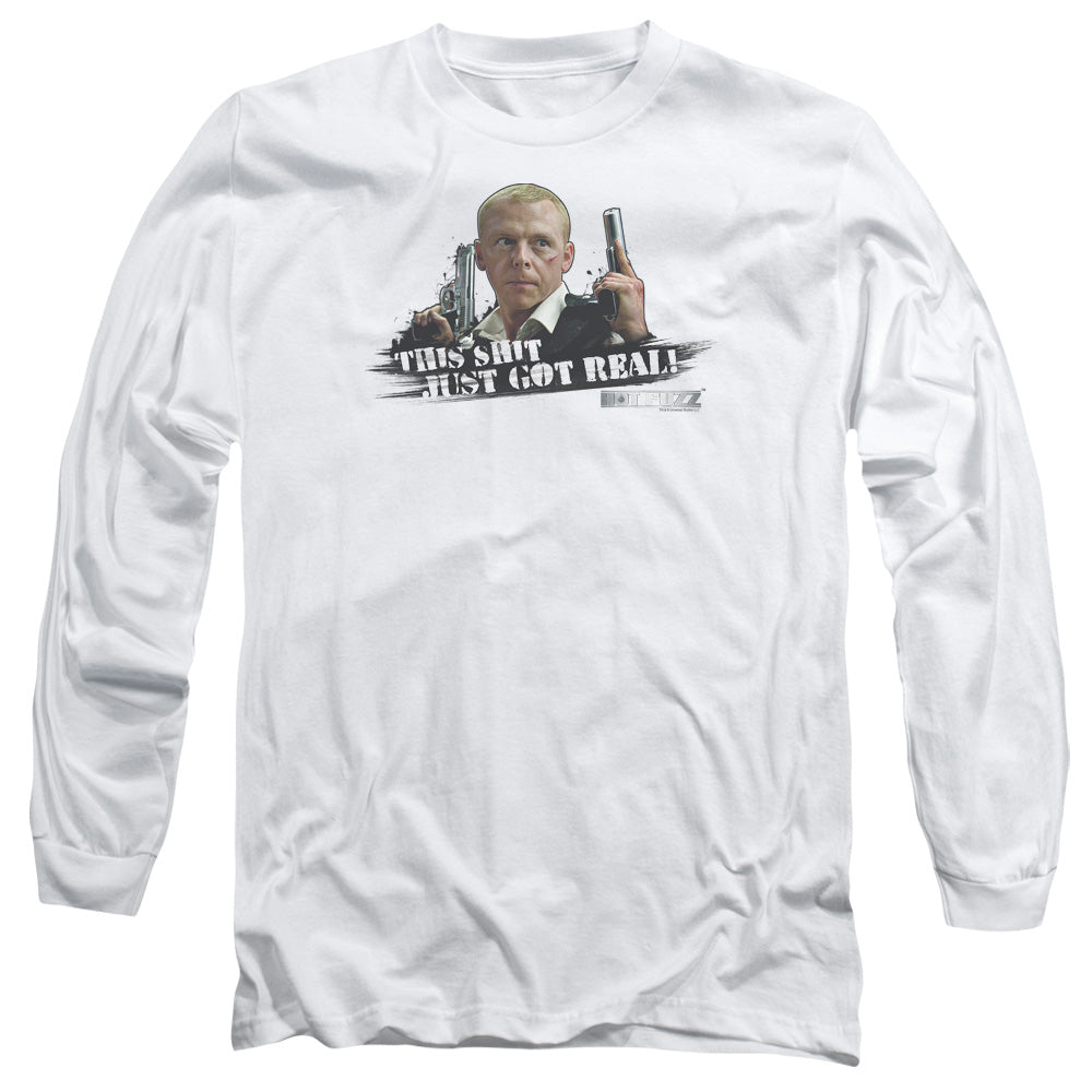 AN OFFCIALLY LICENSED HOT FUZZ JUST GOT REAL MEN'S LONG SLEEVE T-SHIRT WHITE