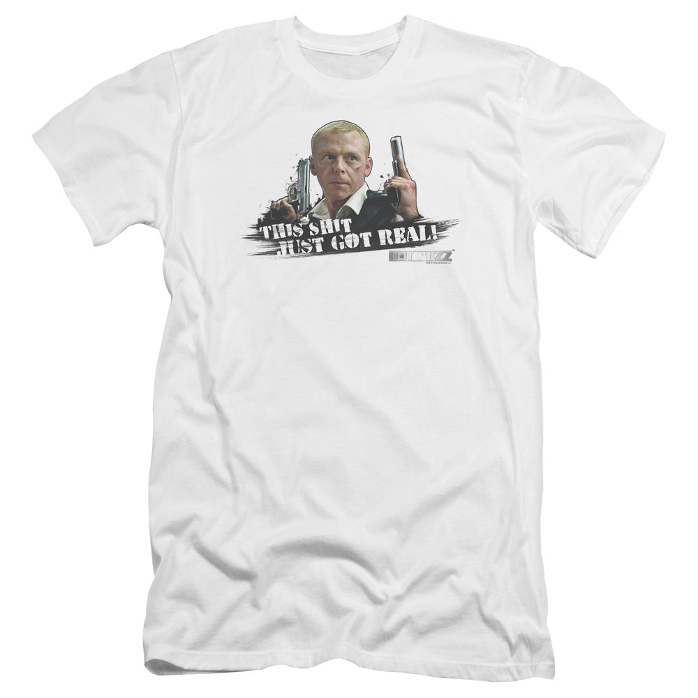 AN OFFCIALLY LICENSED HOT FUZZ JUST GOT REAL MEN'S PREMIUM SLIM FIT T-SHIRT WHITE