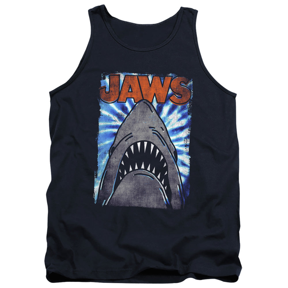 AN OFFCIALLY LICENSED JAWS OCEAN TIE DYE ADULT UNISEX TANK TOP NAVY
