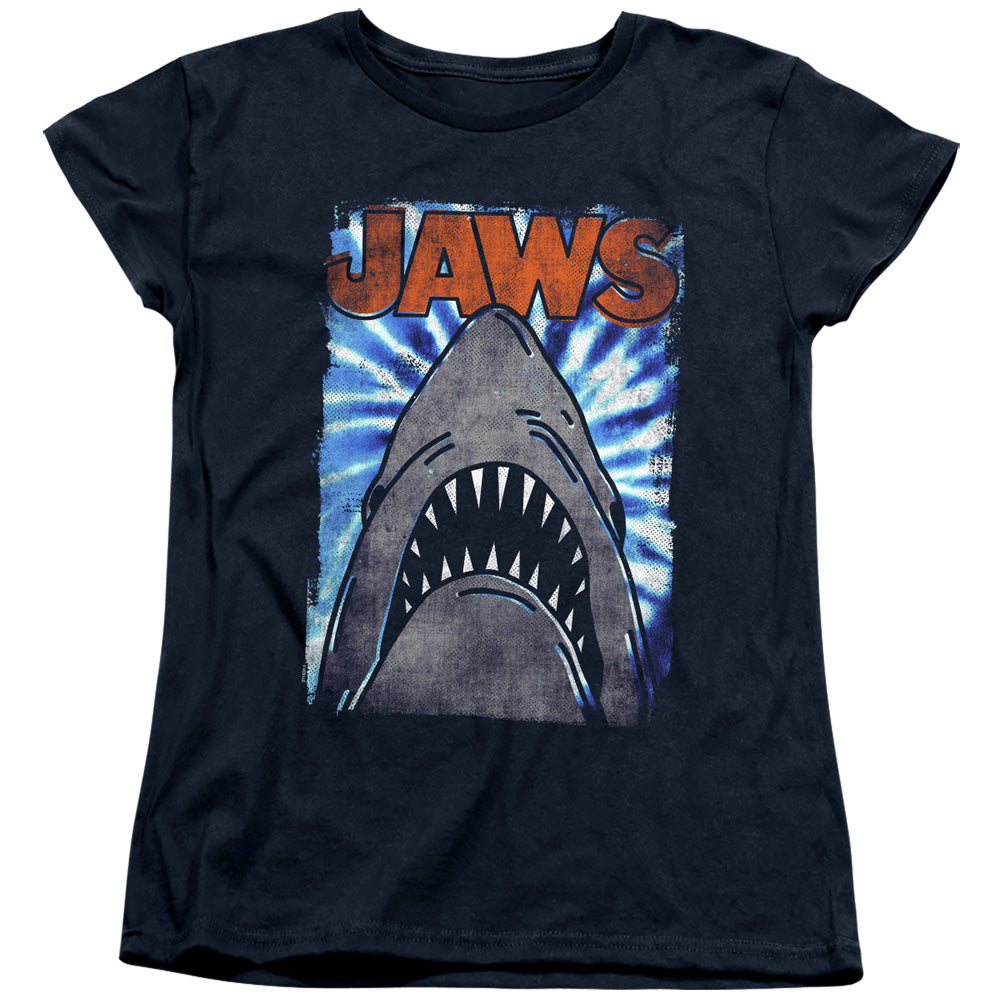 AN OFFCIALLY LICENSED JAWS OCEAN TIE DYE WOMEN'S REGULAR FIT T-SHIRT NAVY
