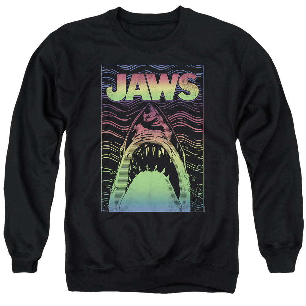 AN OFFCIALLY LICENSED JAWS NEON LINE ART POSTER ADULT UNISEX CREWNECK SWEATSHIRT BLACK