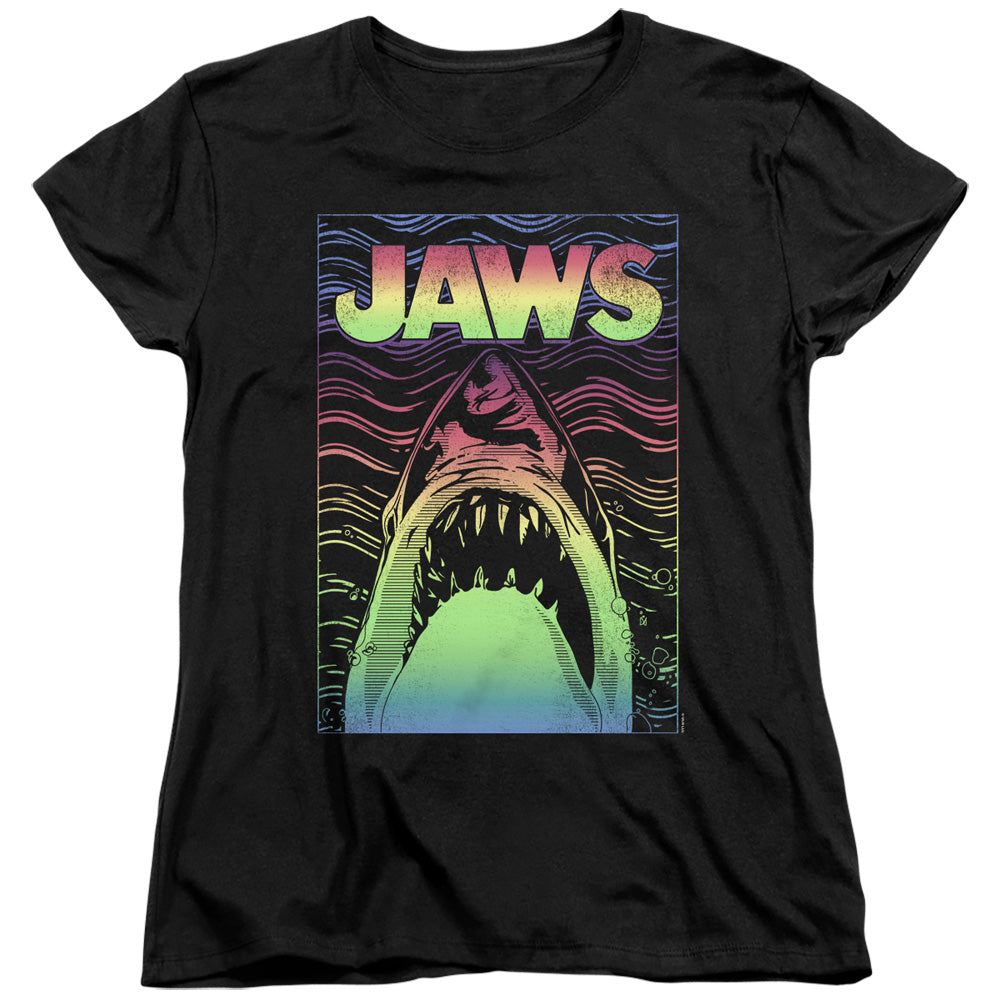 AN OFFCIALLY LICENSED JAWS NEON LINE ART POSTER WOMEN'S REGULAR FIT T-SHIRT BLACK
