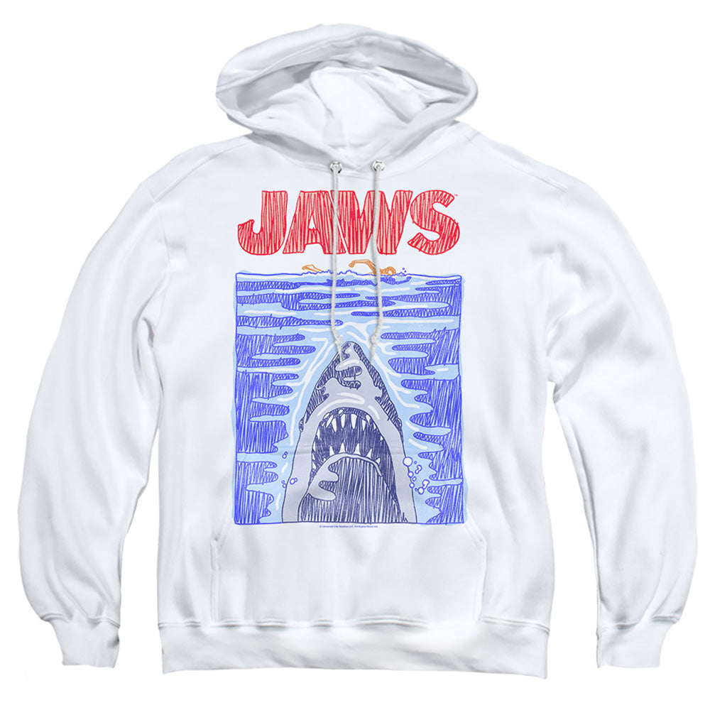 AN OFFCIALLY LICENSED JAWS SCRIBBLE POSTER ADULT UNISEX PULLOVER HOODIE WHITE