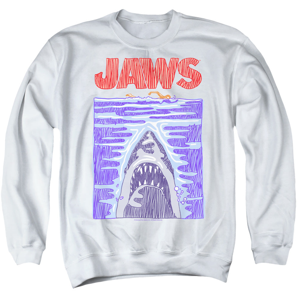 AN OFFCIALLY LICENSED JAWS SCRIBBLE POSTER ADULT UNISEX CREWNECK SWEATSHIRT WHITE