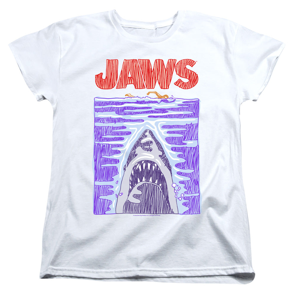 AN OFFCIALLY LICENSED JAWS SCRIBBLE POSTER WOMEN'S REGULAR FIT T-SHIRT WHITE