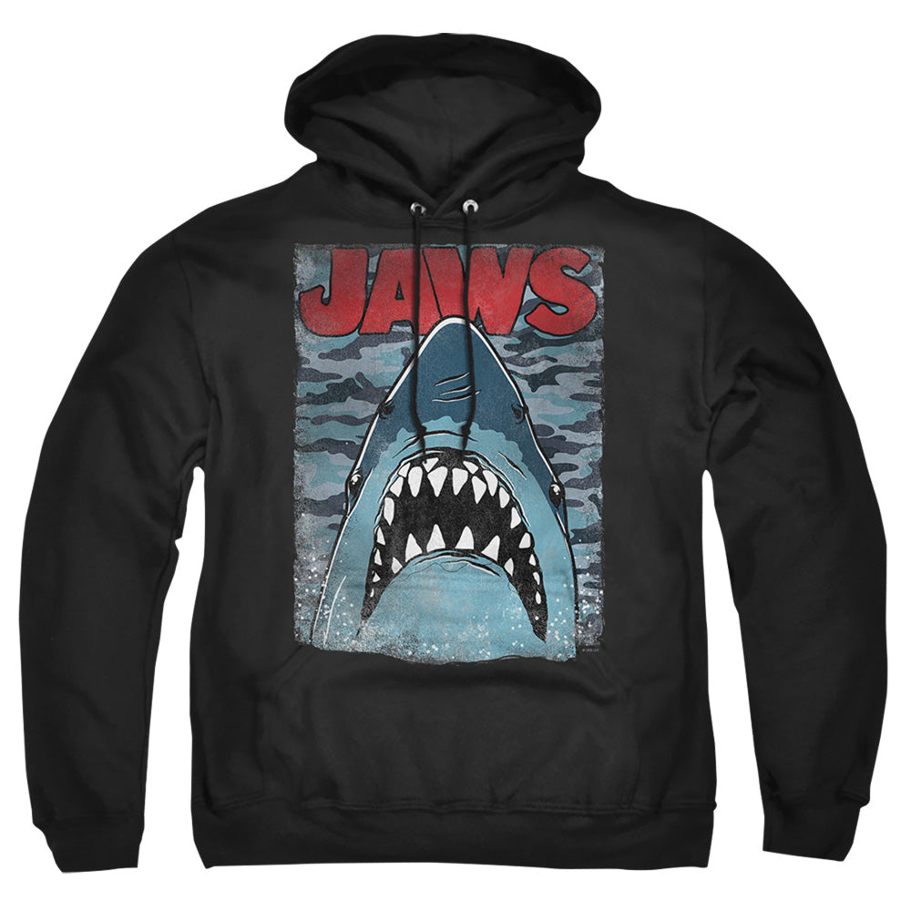 AN OFFCIALLY LICENSED JAWS CAMO JAWS ADULT UNISEX PULLOVER HOODIE BLACK