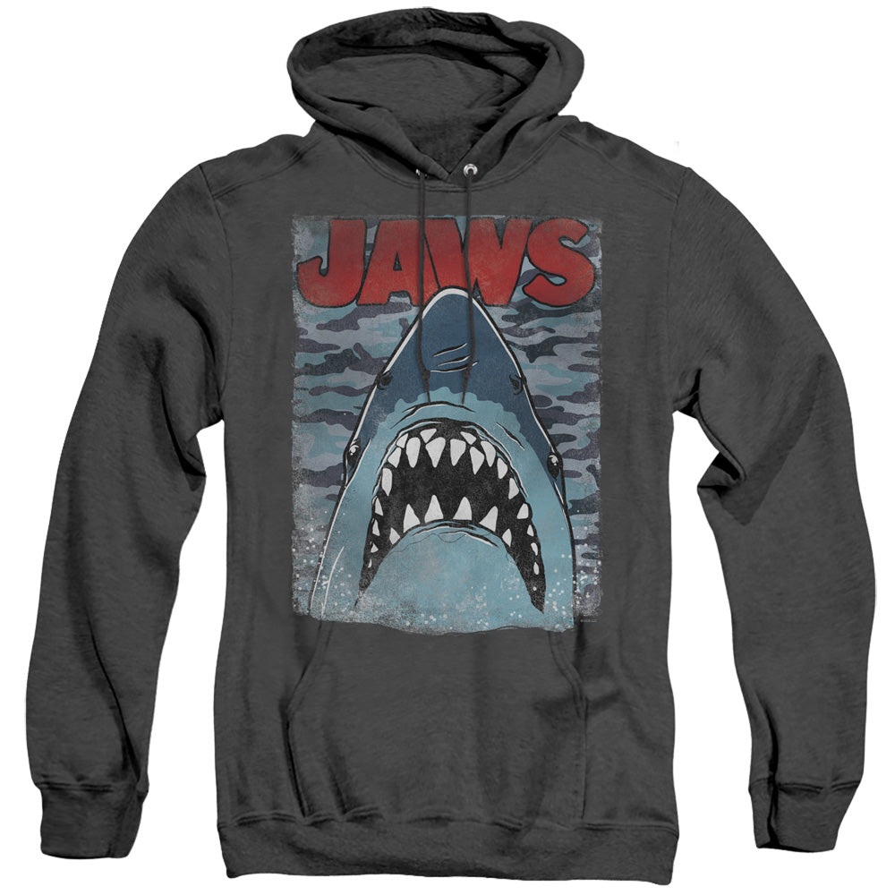 AN OFFCIALLY LICENSED JAWS CAMO JAWS ADULT UNISEX HEATHER PULLOVER HOODIE BLACK