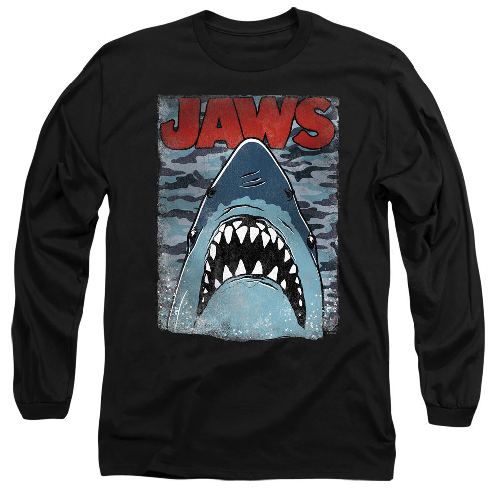 AN OFFCIALLY LICENSED JAWS CAMO JAWS MEN'S LONG SLEEVE T-SHIRT BLACK