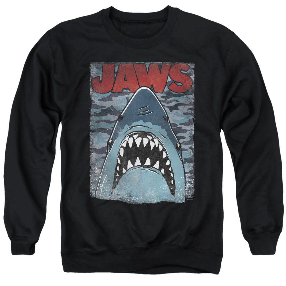 AN OFFCIALLY LICENSED JAWS CAMO JAWS ADULT UNISEX CREWNECK SWEATSHIRT BLACK
