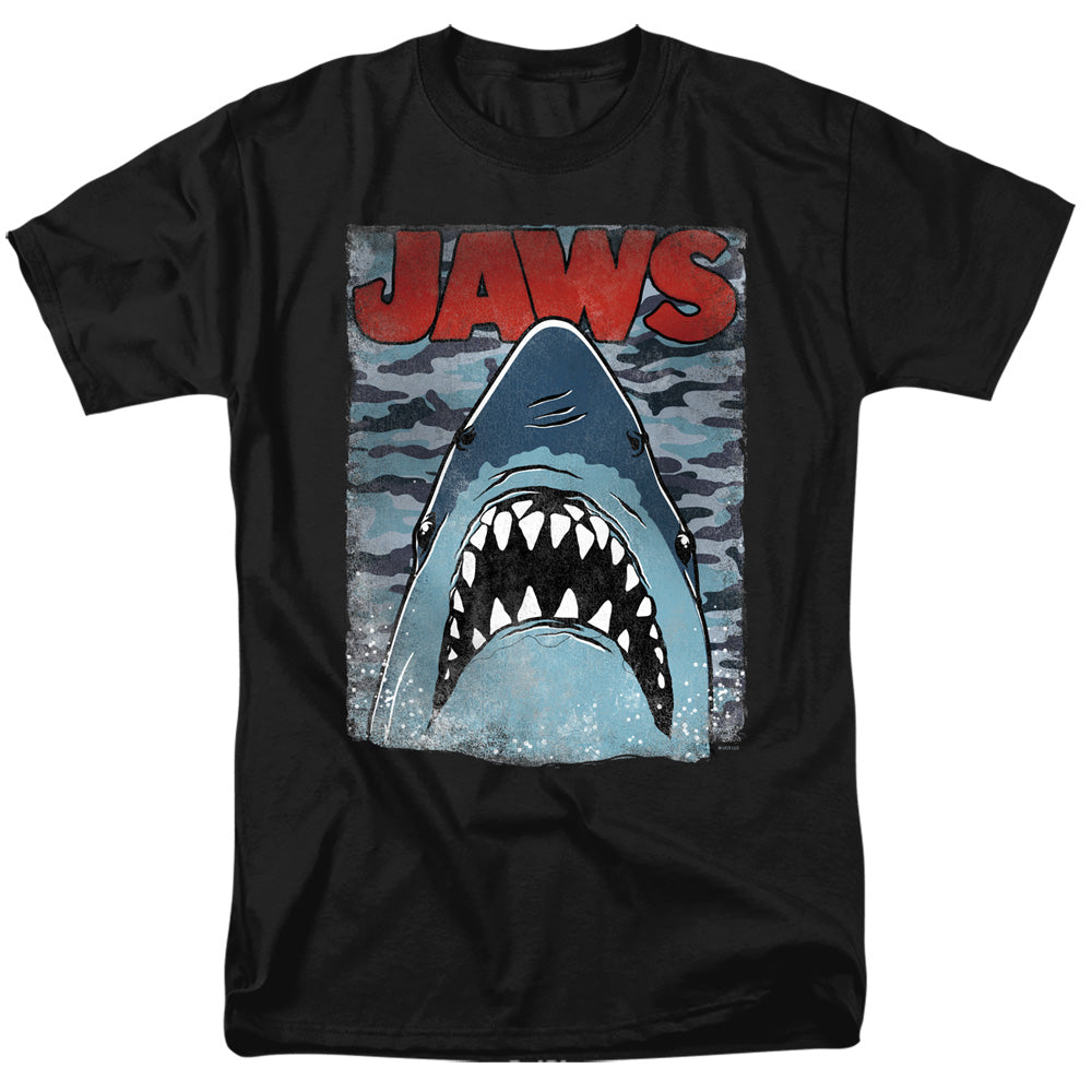 AN OFFCIALLY LICENSED JAWS CAMO JAWS MEN'S REGULAR FIT T-SHIRT BLACK