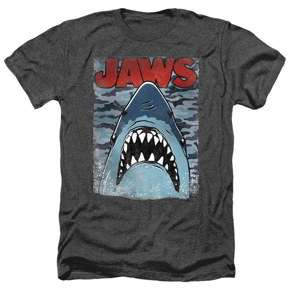 AN OFFCIALLY LICENSED JAWS CAMO JAWS MEN'S HEATHER T-SHIRT CHARCOAL