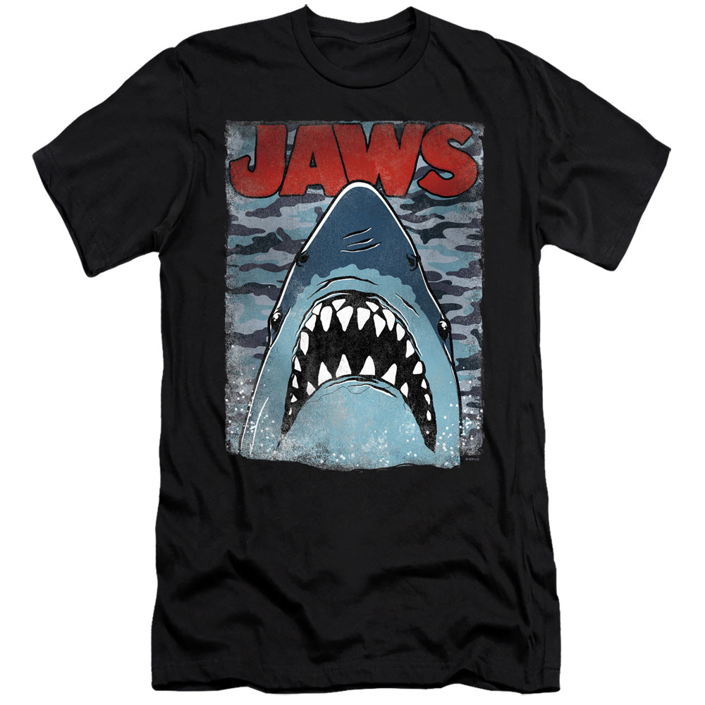 AN OFFCIALLY LICENSED JAWS CAMO JAWS MEN'S PREMIUM SLIM FIT T-SHIRT BLACK