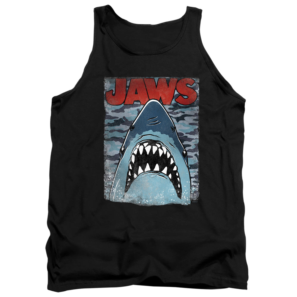 AN OFFCIALLY LICENSED JAWS CAMO JAWS ADULT UNISEX TANK TOP BLACK