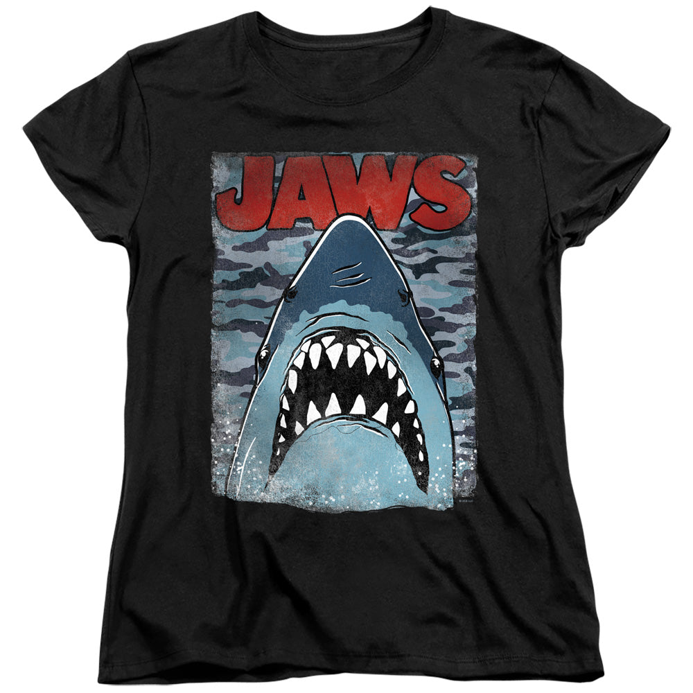 AN OFFCIALLY LICENSED JAWS CAMO JAWS WOMEN'S REGULAR FIT T-SHIRT BLACK
