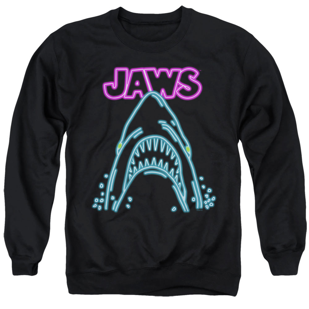 AN OFFCIALLY LICENSED JAWS NEON JAWS ADULT UNISEX CREWNECK SWEATSHIRT BLACK