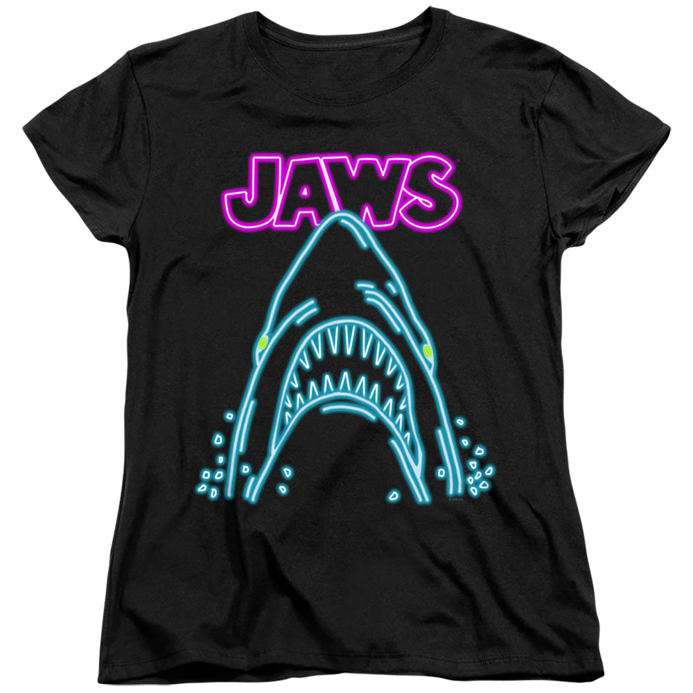 AN OFFCIALLY LICENSED JAWS NEON JAWS WOMEN'S REGULAR FIT T-SHIRT BLACK