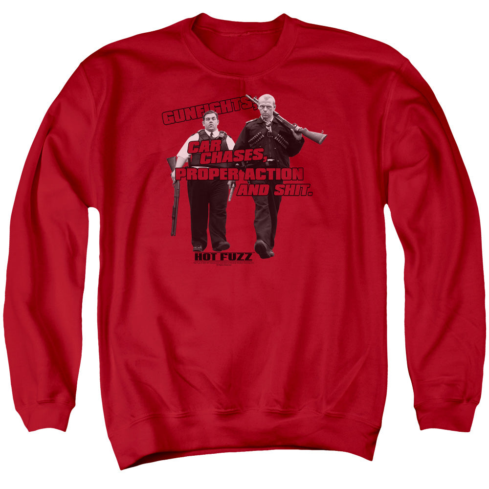 AN OFFCIALLY LICENSED HOT FUZZ DAYS WORK ADULT UNISEX CREWNECK SWEATSHIRT RED