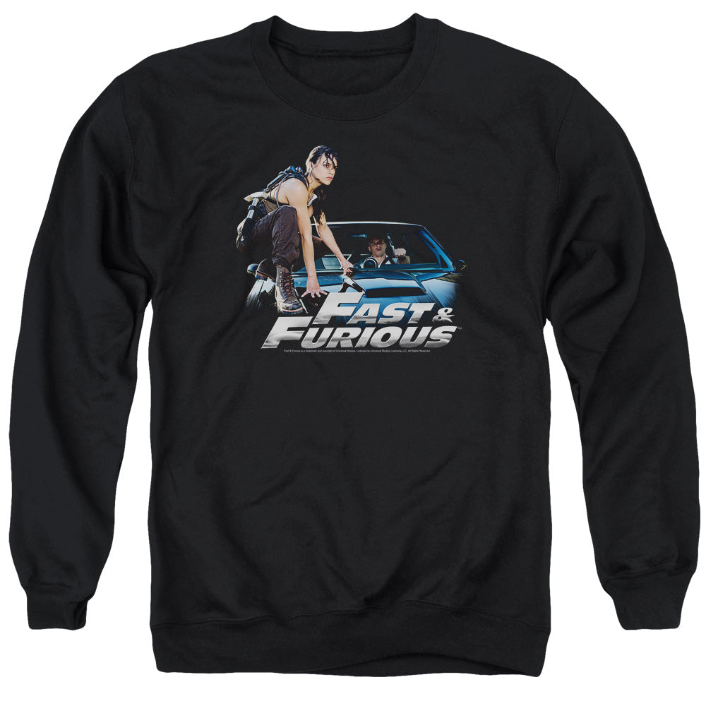 AN OFFCIALLY LICENSED FAST AND THE FURIOUS CAR RIDE ADULT UNISEX CREWNECK SWEATSHIRT BLACK
