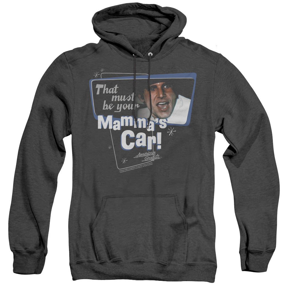 AN OFFCIALLY LICENSED AMERICAN GRAFITTI MAMMAS CAR ADULT UNISEX HEATHER PULLOVER HOODIE BLACK