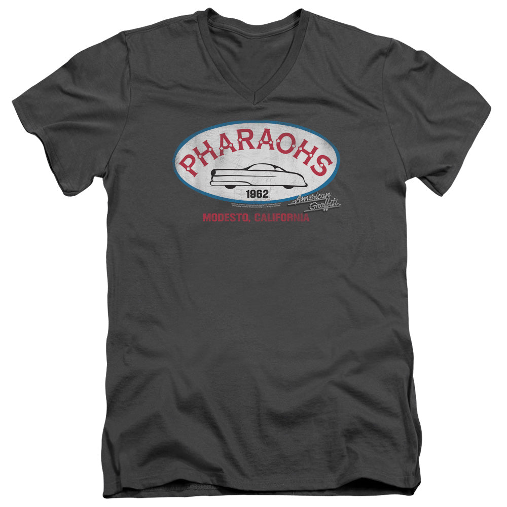 AN OFFCIALLY LICENSED AMERICAN GRAFFITI PHARAOHS MEN'S V-NECK T-SHIRT CHARCOAL