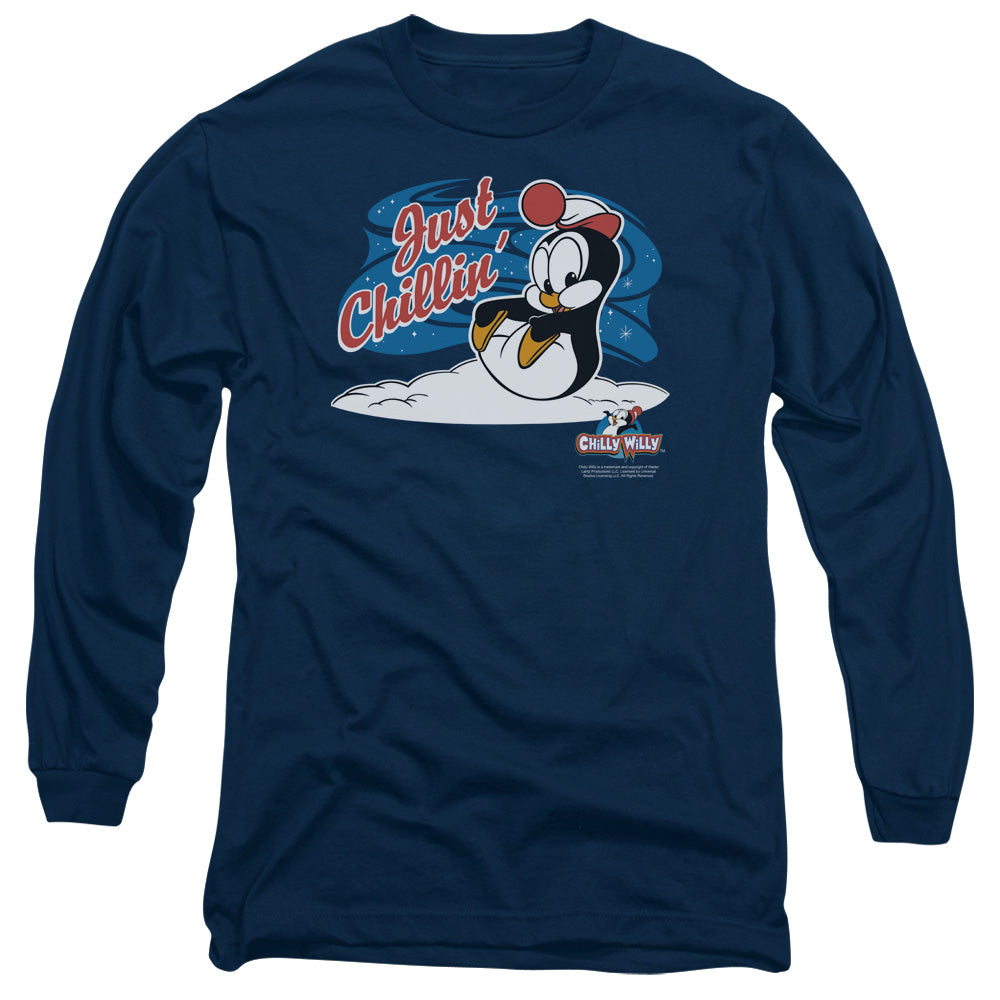AN OFFCIALLY LICENSED CHILLY WILLY JUST CHILLIN MEN'S LONG SLEEVE T-SHIRT NAVY