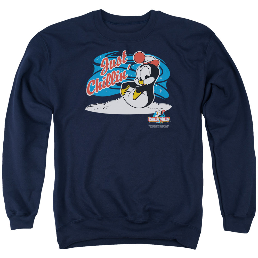 AN OFFCIALLY LICENSED CHILLY WILLY JUST CHILLIN ADULT UNISEX CREWNECK SWEATSHIRT NAVY