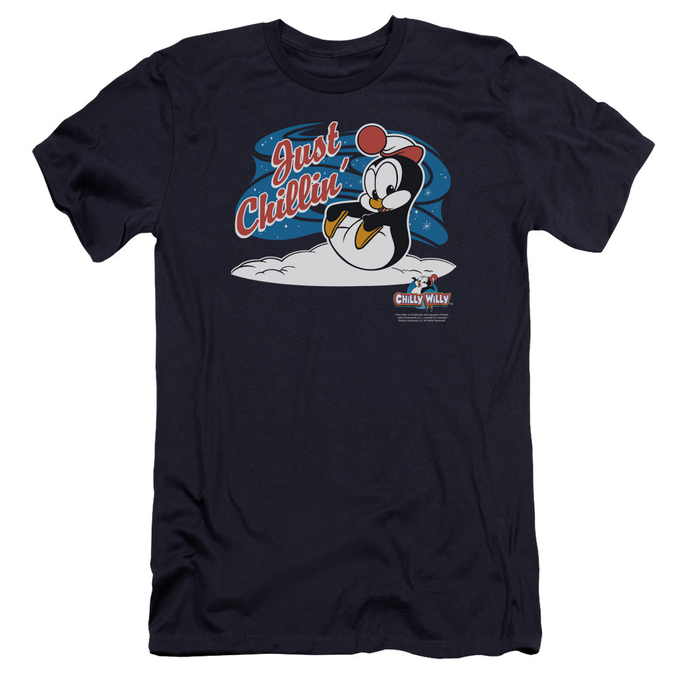 AN OFFCIALLY LICENSED CHILLY WILLY JUST CHILLIN MEN'S PREMIUM SLIM FIT T-SHIRT NAVY