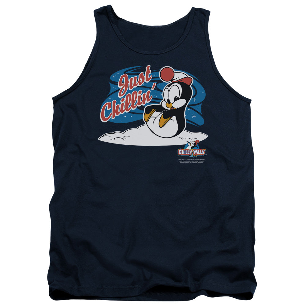 AN OFFCIALLY LICENSED CHILLY WILLY JUST CHILLIN ADULT UNISEX TANK TOP NAVY