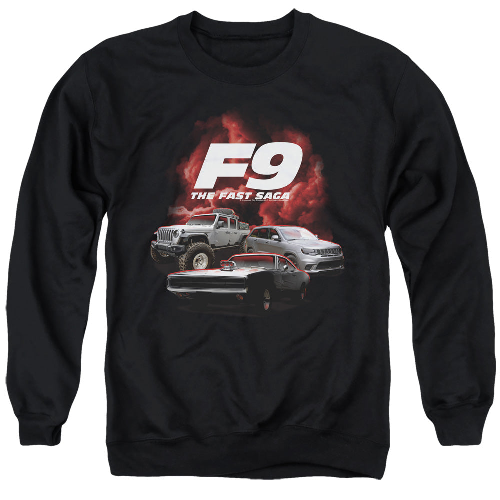 AN OFFCIALLY LICENSED FAST AND THE FURIOUS 9 CAR GROUP ADULT UNISEX CREWNECK SWEATSHIRT BLACK