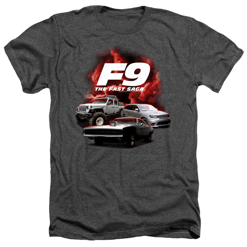 AN OFFCIALLY LICENSED FAST AND THE FURIOUS 9 CAR GROUP MEN'S HEATHER T-SHIRT CHARCOAL