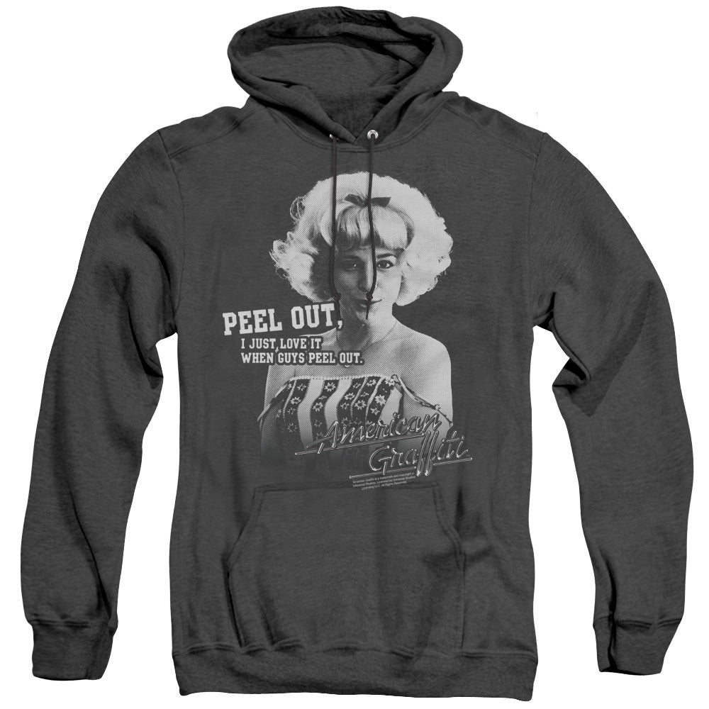 AN OFFCIALLY LICENSED AMERICAN GRAFFITI PEEL OUT ADULT UNISEX HEATHER PULLOVER HOODIE BLACK